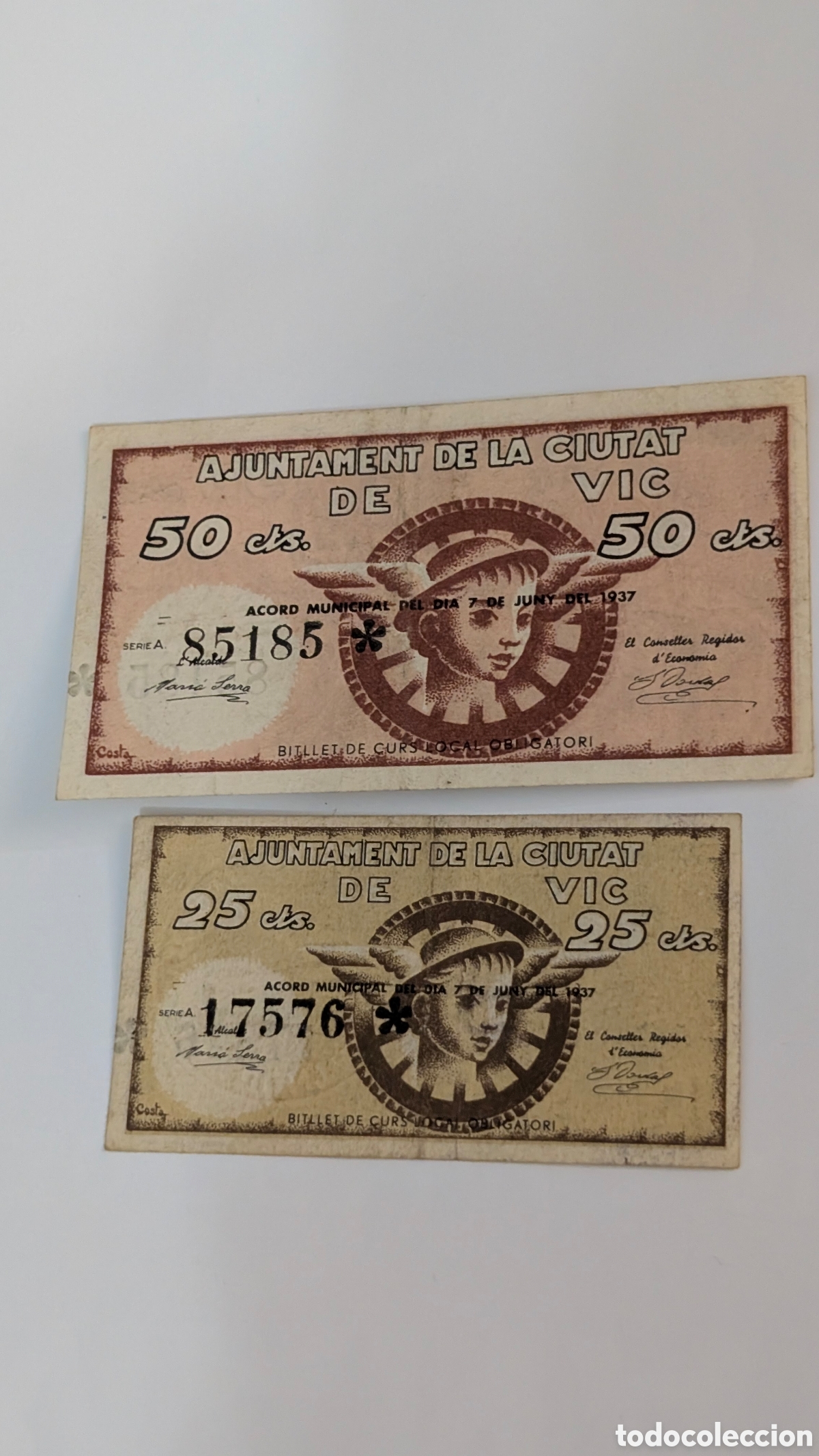 Billetes locales: LOTE SERIE 2 BILLETES 25 - 50 CENTIMOS DE PESETA AJUNTAMENT DE LA CIUTAT DE VIC 1937 PESSETA