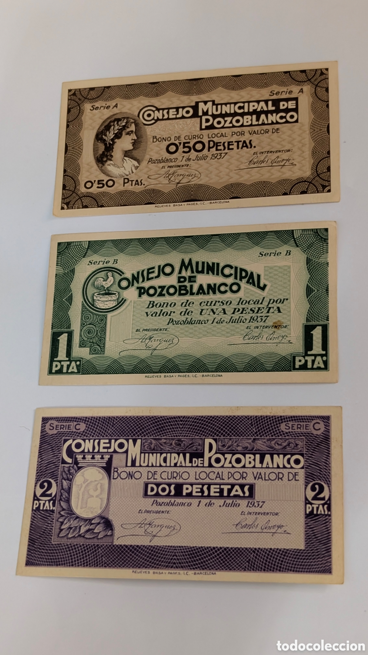Billetes locales: LOTE 3 BILLETES 50 CENTIMOS 1 y 2 PESETA 1937 CONSEJO MUNICIPAL DE POZOBLANCO MBE NULO