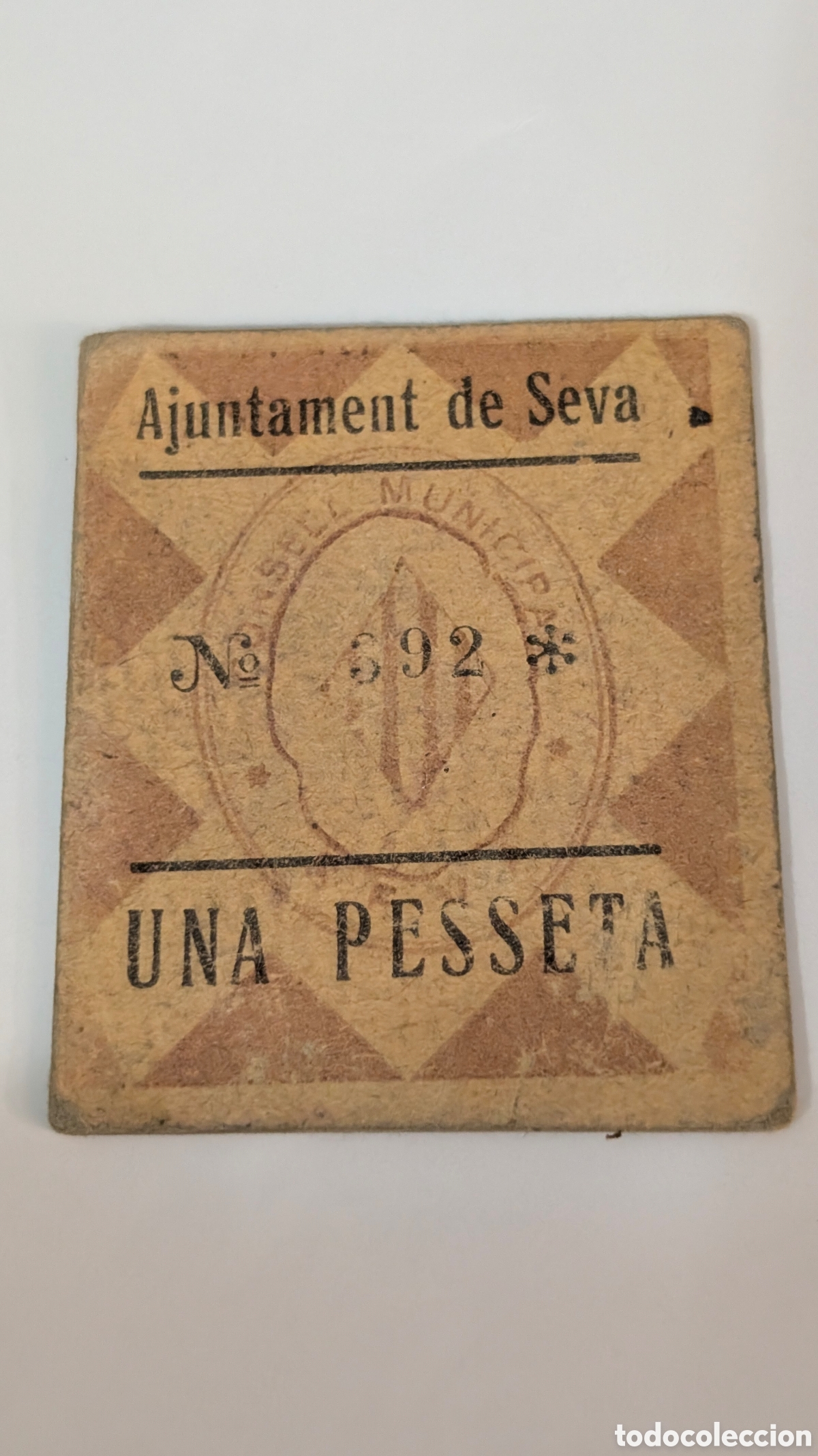 Billetes locales: ANTIGUO BILLETE N&Uacute;MERO 392 DE AJUNTAMENT DE SEVA 1 PESETA CART&Oacute;N BC RARO RARE UNA PESSETA