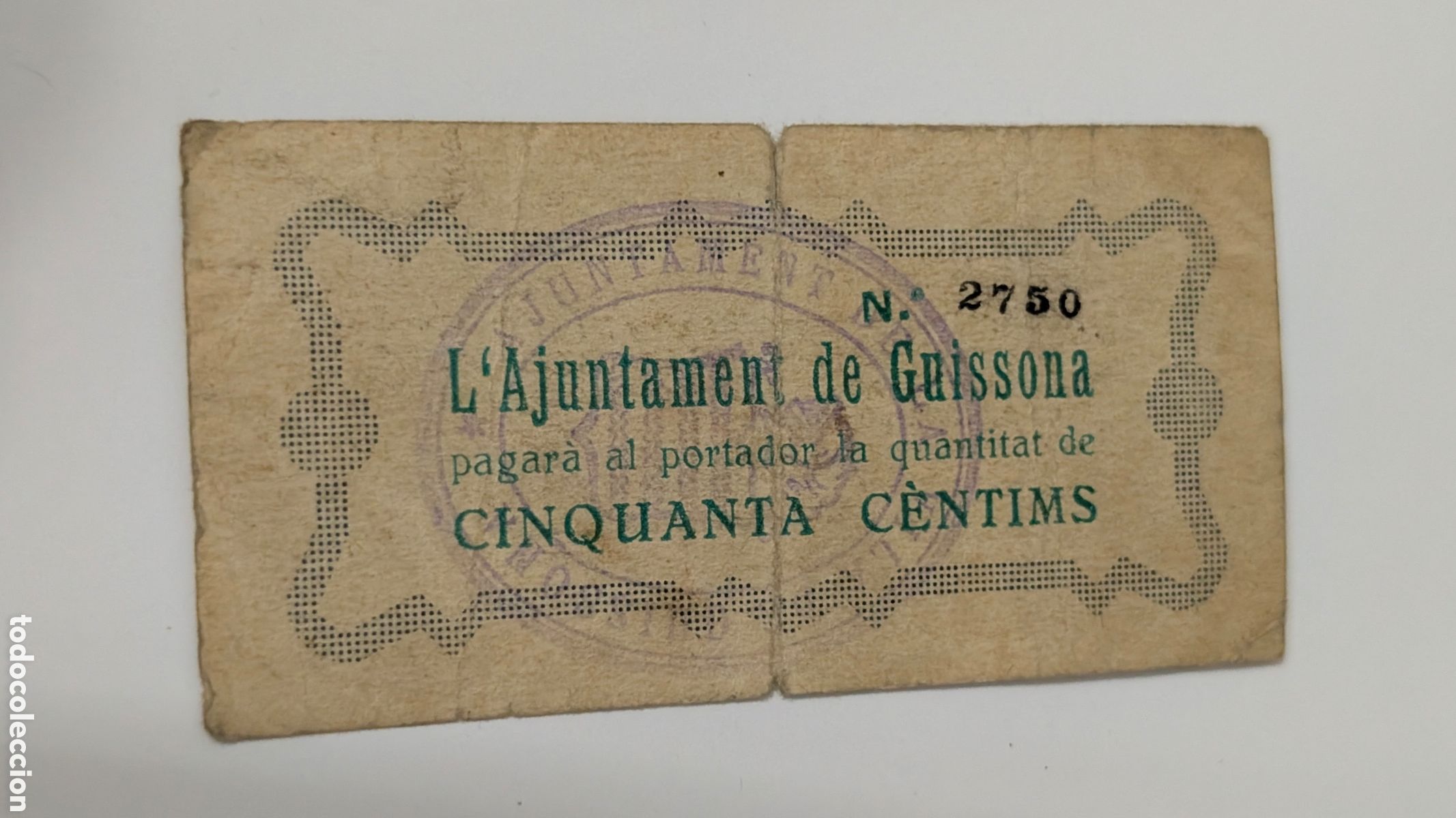 Billetes locales: ANTIGUO BILLETE DE AJUNTAMENT DE GUISSONA NUM 2750 DE 50 C&Eacute;NTIMOS PESETA CENTIMS DE PESSETA
