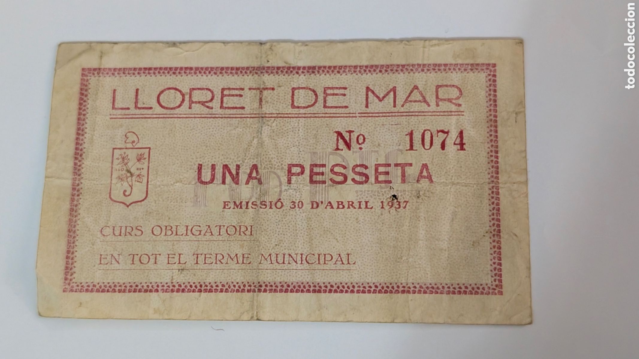 Billetes locales: ANTIGUO BILLETE DE TERME MUNICIPAL DE LLORET DE MAR UNA PESSETA 1 BON CONTRA LA CAIXA PESETA