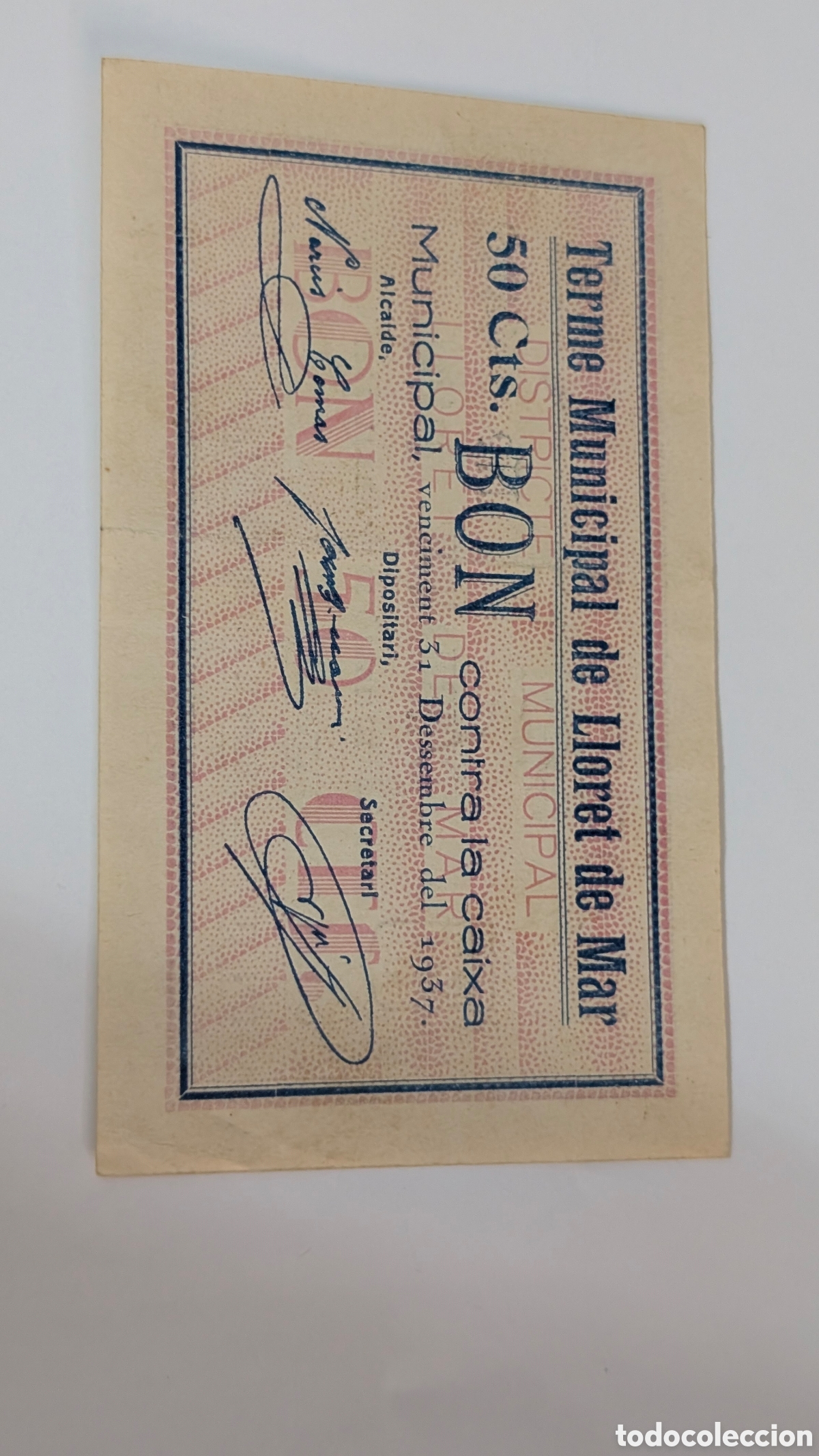 Billetes locales: ANTIGUO BILLETE DE TERME MUNICIPAL DE LLORET DE MAR CINQUANTA CENTIMS PESSETA 50 CENT BON CONTRA LA