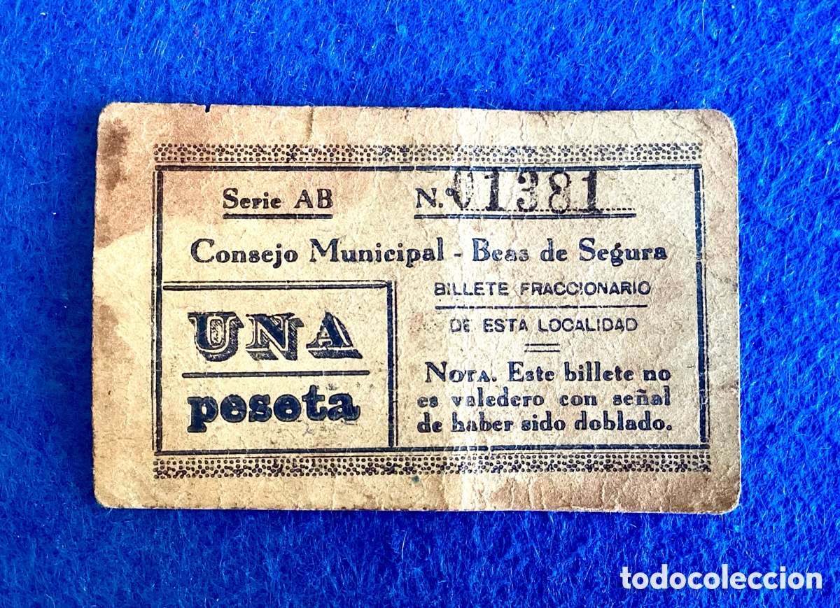 Billetes locales: BILLETE LOCAL. 1 PESETA 1937. BEAS DE SEGURA (JA&Eacute;N) EXTRAORDINARIAMENTE RARO