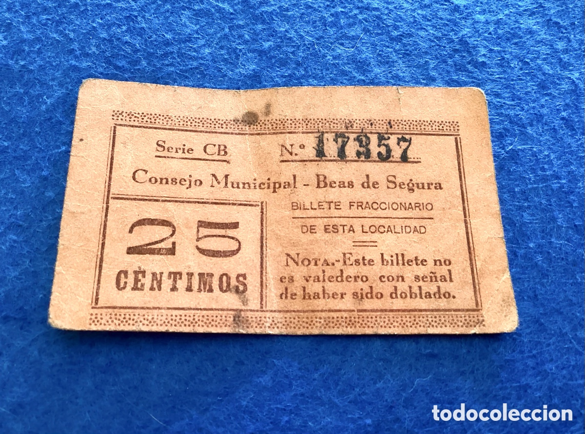 Billetes locales: BILLETE LOCAL. 25 C&Eacute;NTIMOS BEAS DE SEGURA (JA&Eacute;N). EXTREMADAMENTE ESCASO