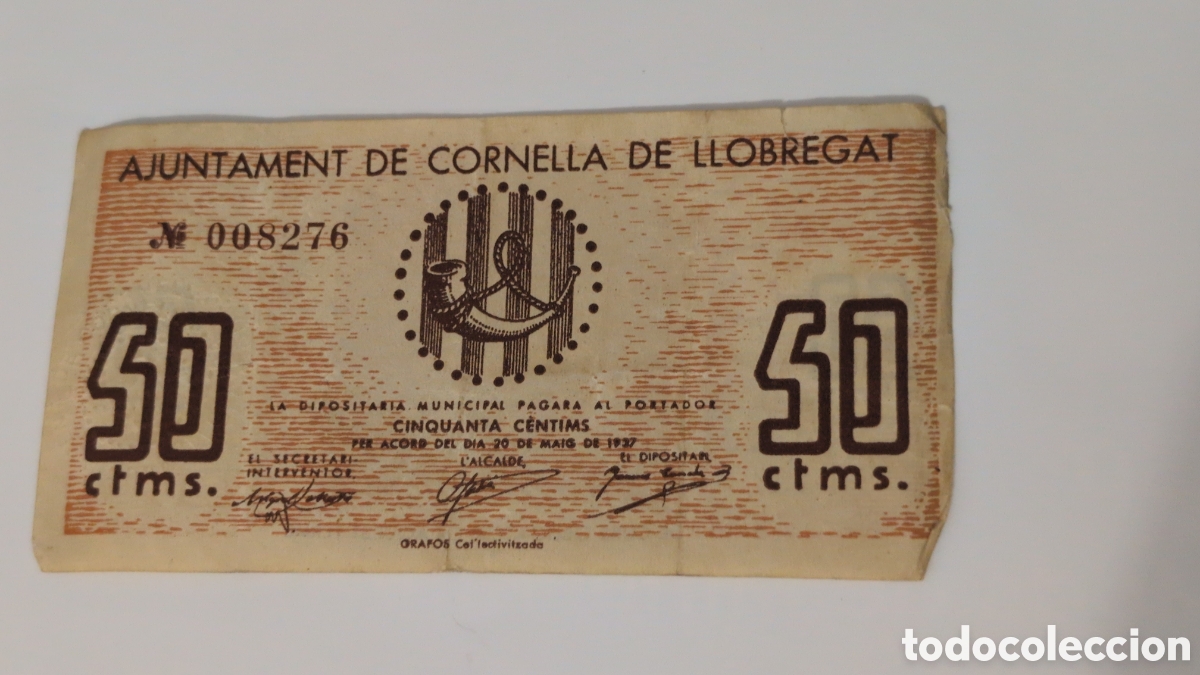 Billetes locales: ANTIGUO BILLETE AJUNTAMENT DE CORNELLA DE LLOBREGAT 50 CENTIMS PESSETAS 50 CENTIMOS PESETA BEC