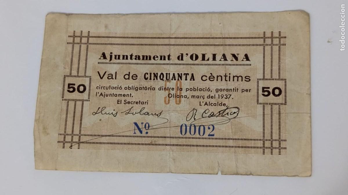 Billetes locales: ANTIGUO BILLETE AJUNTAMENT DE OLIANA 50 CENTIMS PESSETA CINQUENTA CENTIMOS PESETA OK