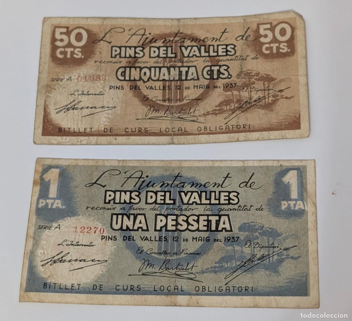 Billetes locales: LOTE 2 ANTIGUOS BILLETES AJUNTAMENT PINS DEL VALLES 1 PESSETA 50 CENTIMOS PESETA CENTIMS PESSETA
