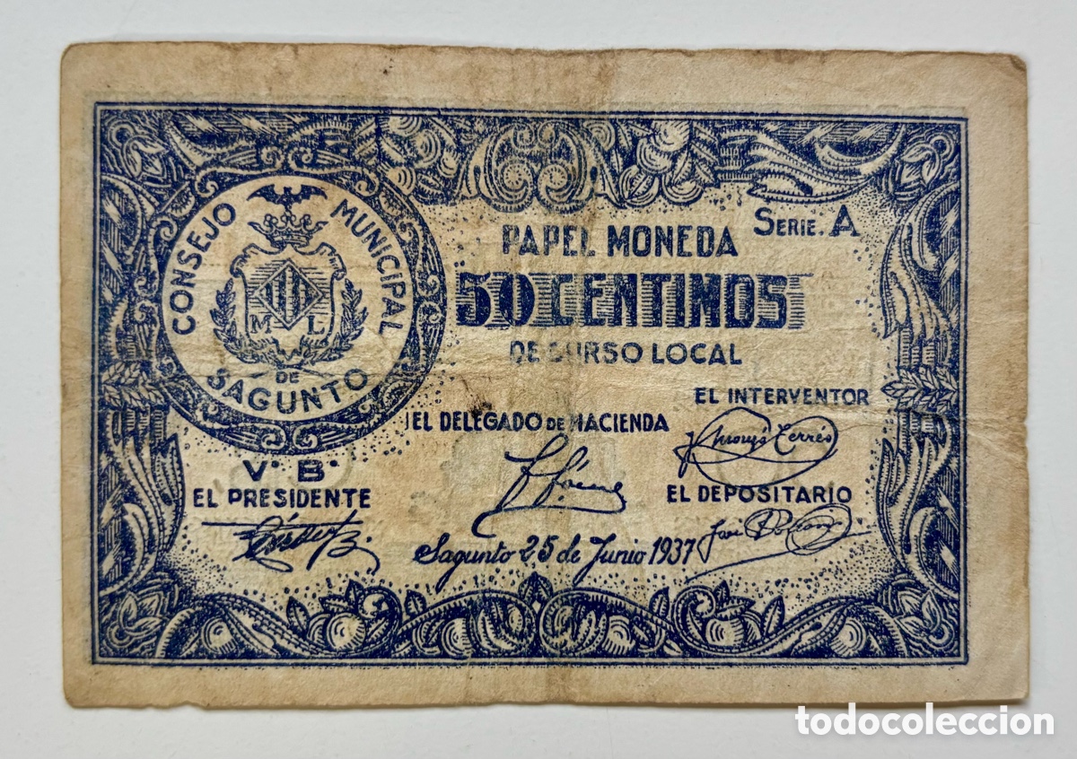 Billetes locales: Billete Local / Municipal SAGUNTO 50 C&eacute;ntimos 1937
