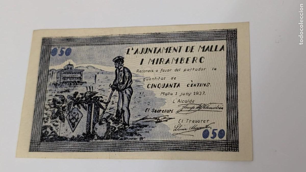 Billetes locales: ANTIGUO BILLETE AJUNTAMENT MALLA I MIRAMBERC 50 CENTIMOS PESETA CENTIMS PESSETA