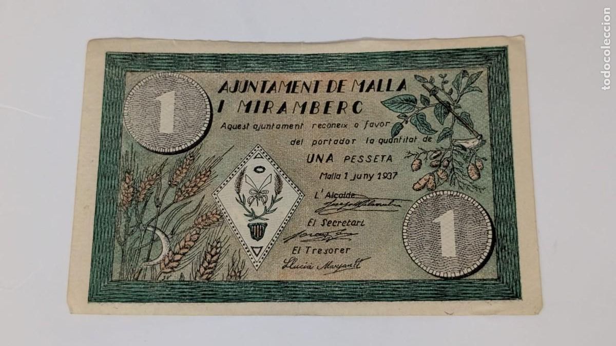 Billetes locales: ANTIGUO BILLETE AJUNTAMENT MALLA I MIRAMBERC 1 PESETA UNA PESSETA MEC