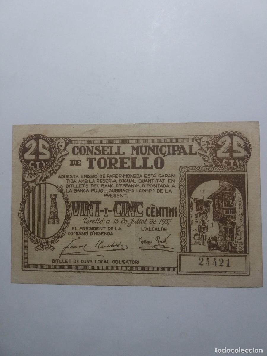 Billetes locales: Billete 25 C&egrave;ntims Consell Municipal TORELL&Oacute; 15 Juliol 1037