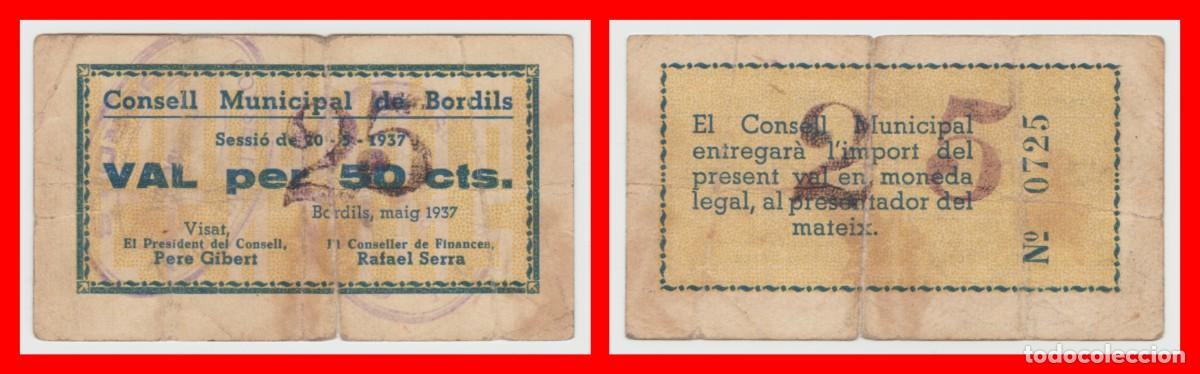 Billetes locales: Bordils (Girona) - 25 Centimos con resello en 50 centimos - RRR - Referencia Turrol n&ordm; 487