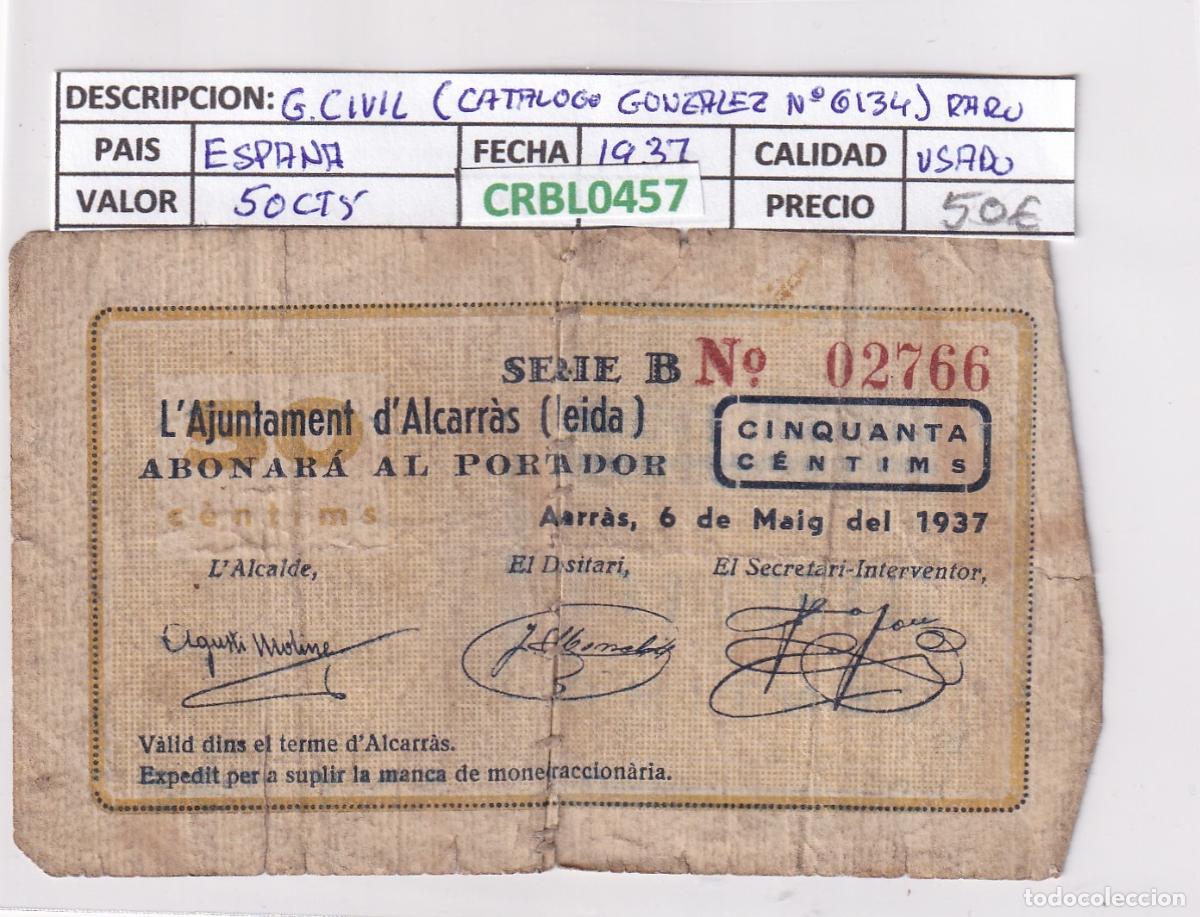 Billetes locales: CRBL0457 BILLETE ESPA&Ntilde;A LOCAL D'ALCARRAS 50 CTS 1937 USADO