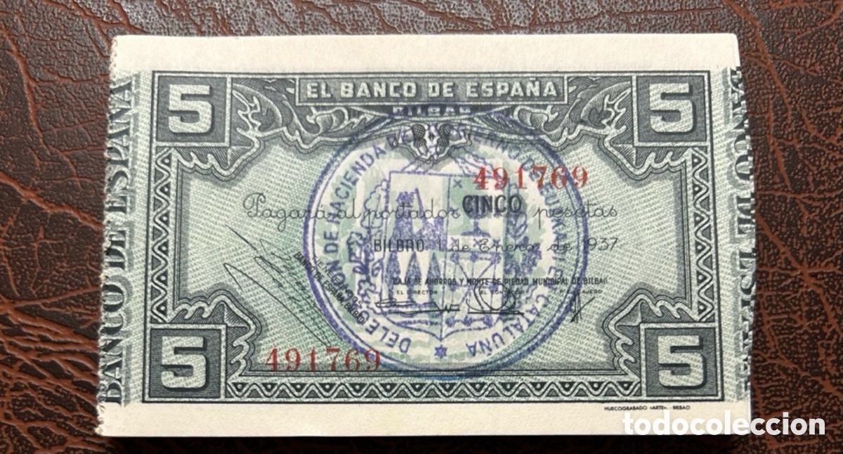 Billetes locales: 5 PESETAS 1937 RESELLO DELEGACION HACIENDA DEL GOBIERNO DE EUZKADI EN CATALU&Ntilde;A