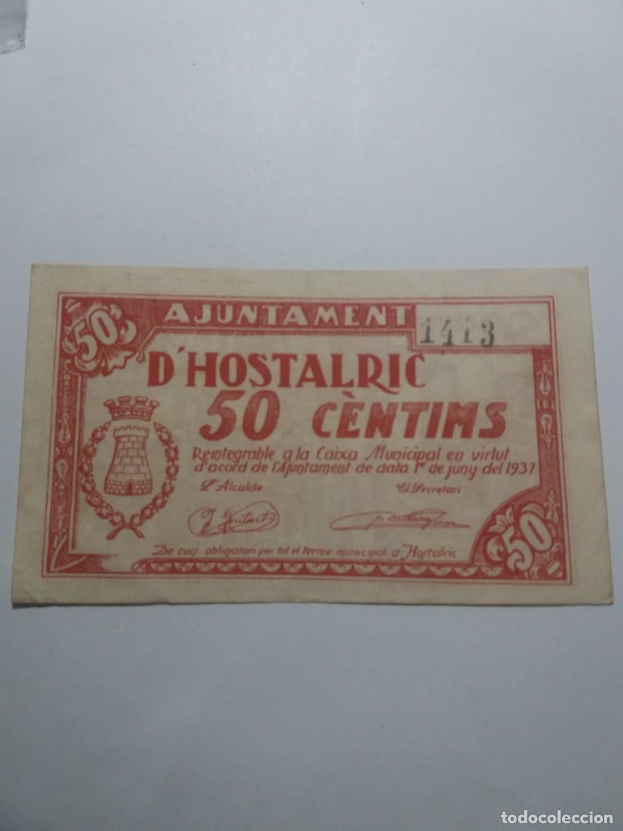 Billetes locales: Billete 50 C&egrave;ntims Ajuntament HOSTALRIC 1 Juny 1937