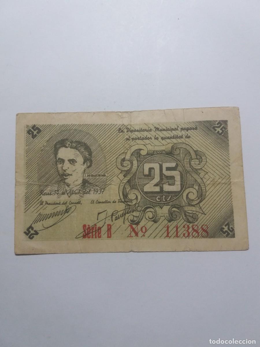 Billetes locales: Billete 25 C&egrave;ntims Consell Municipal REUS 14 Abril 1937