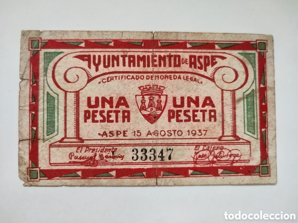 Billetes locales: 1 peseta de Aspe (Alicante)
