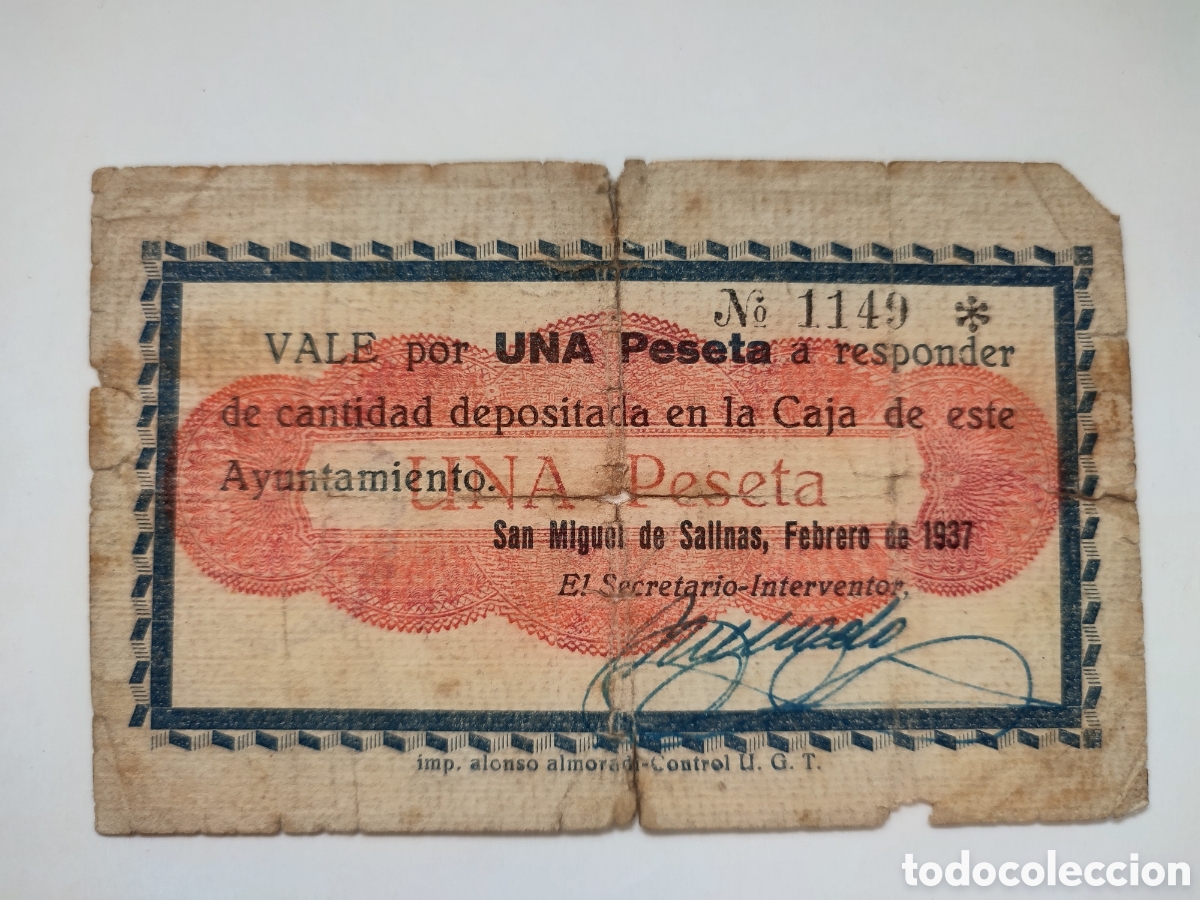 Billetes locales: 1 peseta 1&deg;emisi&oacute;n San Miguel de Salinas