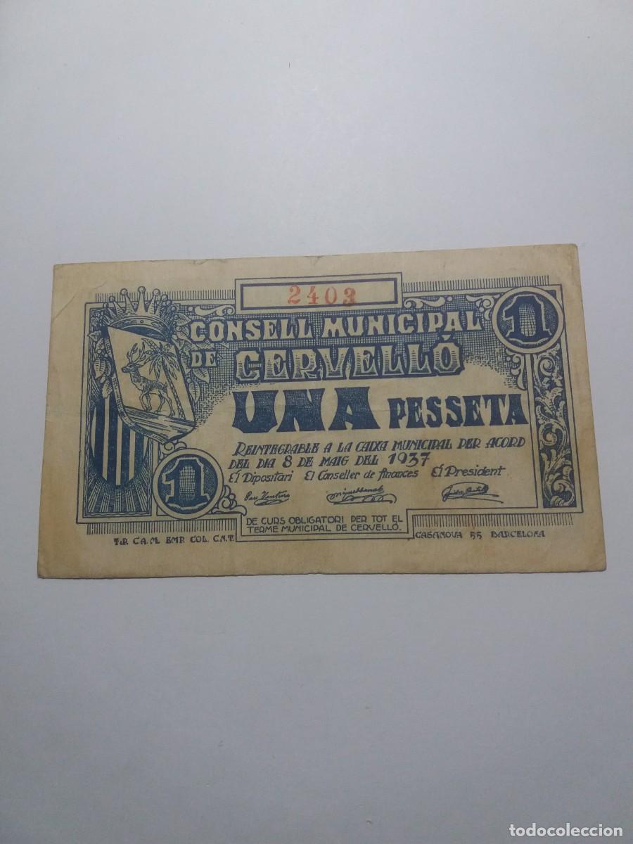Billetes locales: Billete 1 Pesseta Consell Municipal CERVELL&Oacute; 8 Maig 1937