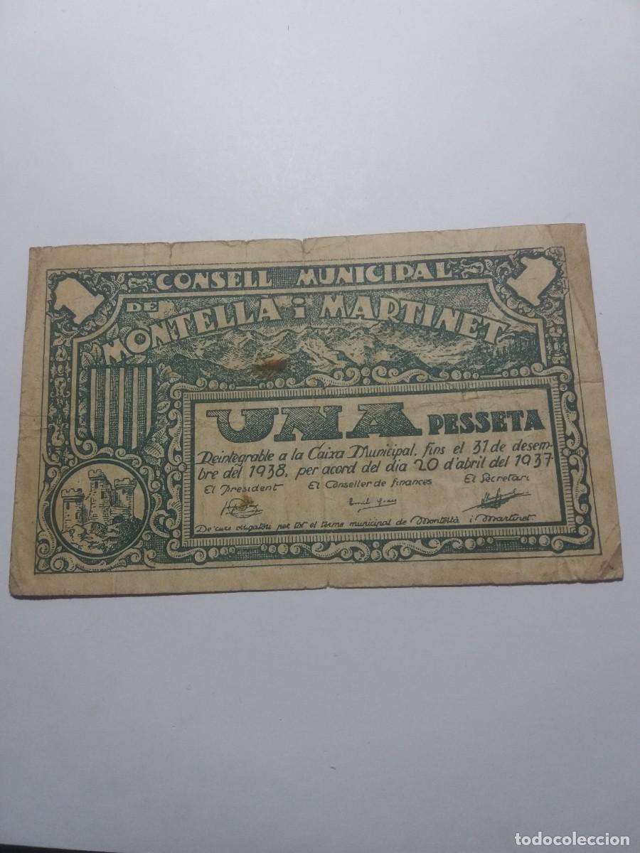 Billetes locales: Billete 1 Pesseta Consell Municipal MONTELLA i MARTINET 20 Abril 1937