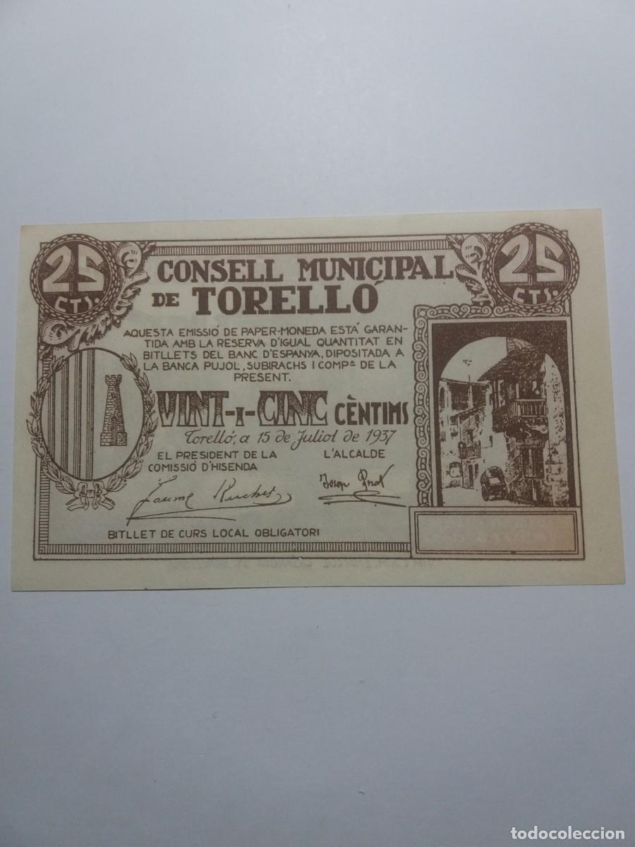 Billetes locales: Billete 25 C&egrave;ntims Consell Municipal TORELL&Oacute; 15 Juliol 1937