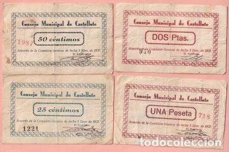 Local Banknotes: CASTELLOTE (Teruel). Rara serie de cuatro billetes de 25, 50 cts., 1 y 2 Ptas. de 1937.