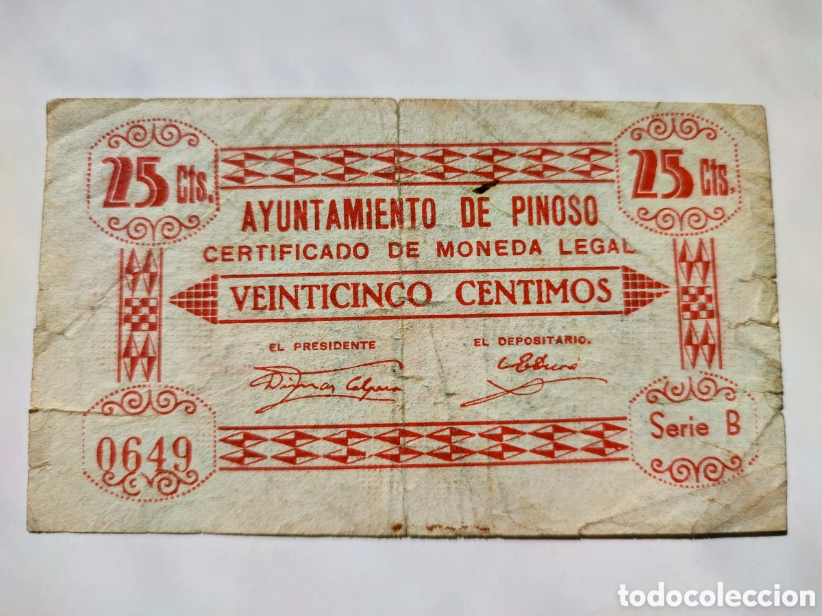 Billetes locales: 25 c&eacute;ntimos de Pinoso (Alicante)