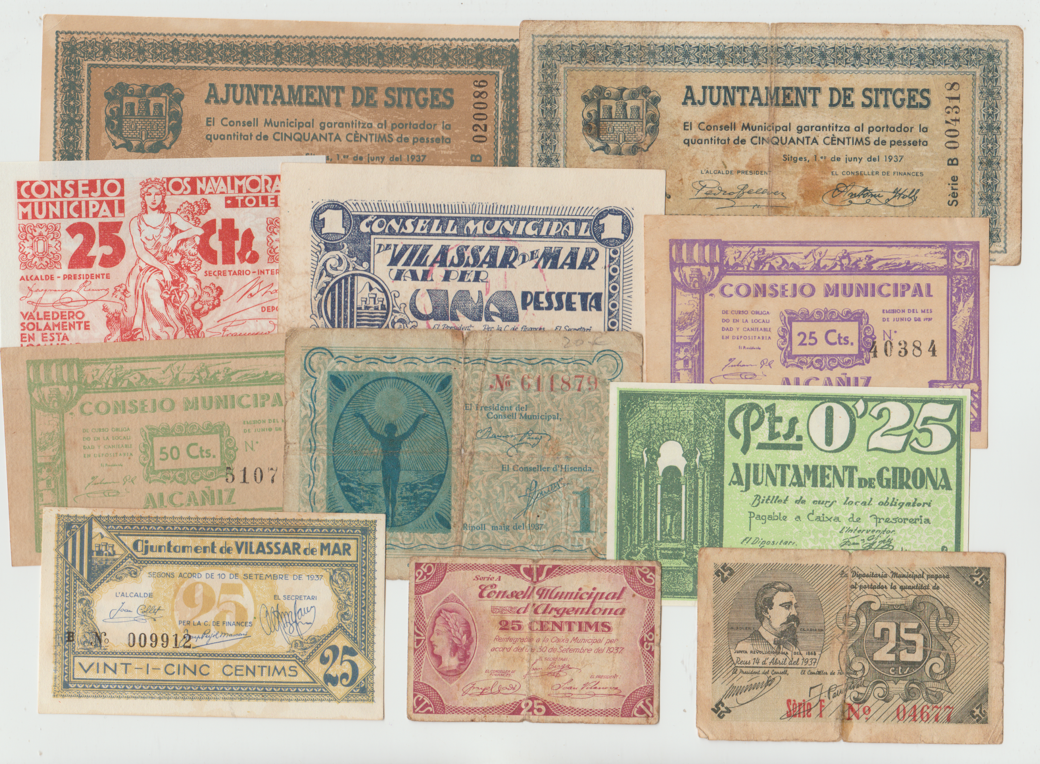 Billetes locales: LOTE - 11 Billetes Locales de diferentes Ciudades. Guerra Civil del 37.