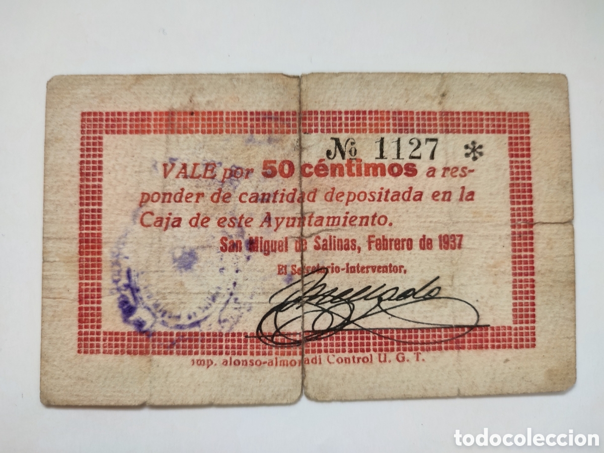 Billetes locales: 50 c&eacute;ntimos 1&deg; Emisi&oacute;n San Miguel de Salinas (Alicante)