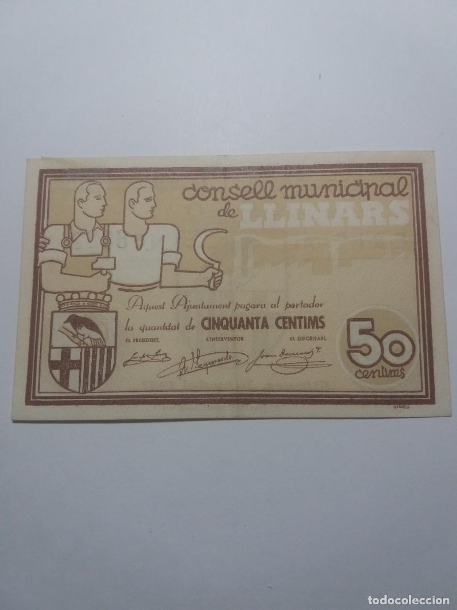 Billetes locales: Billete 50 C&egrave;ntims Consell Municipal LLINARS Juny 1937