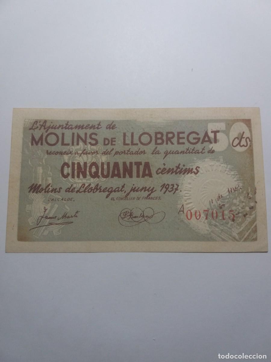 Billetes locales: Billete 50 C&egrave;ntims Ajuntament MOLINS DE LLOBREGAT Juny 1937
