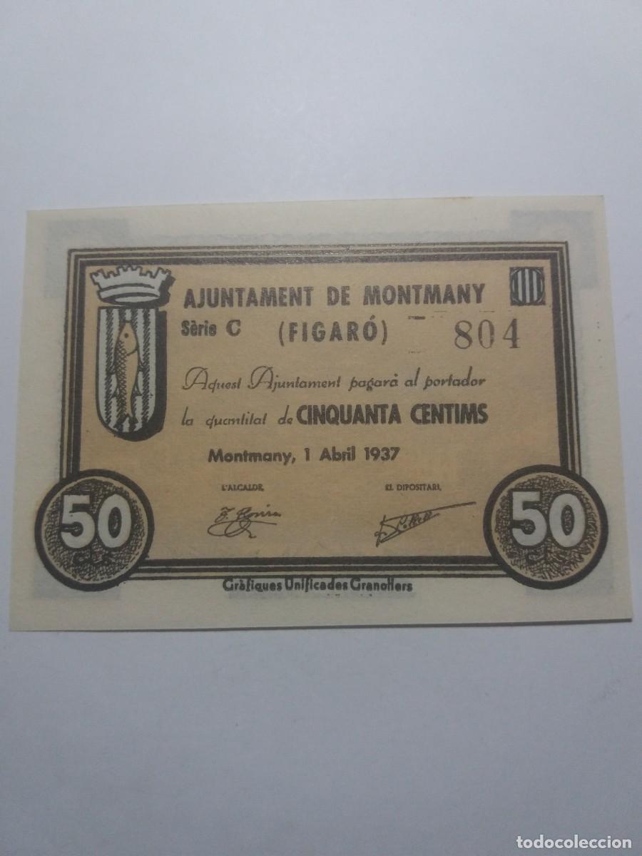 Billetes locales: Billete 50 C&egrave;ntims Ajuntament MONTMANY 1 Abril 1937