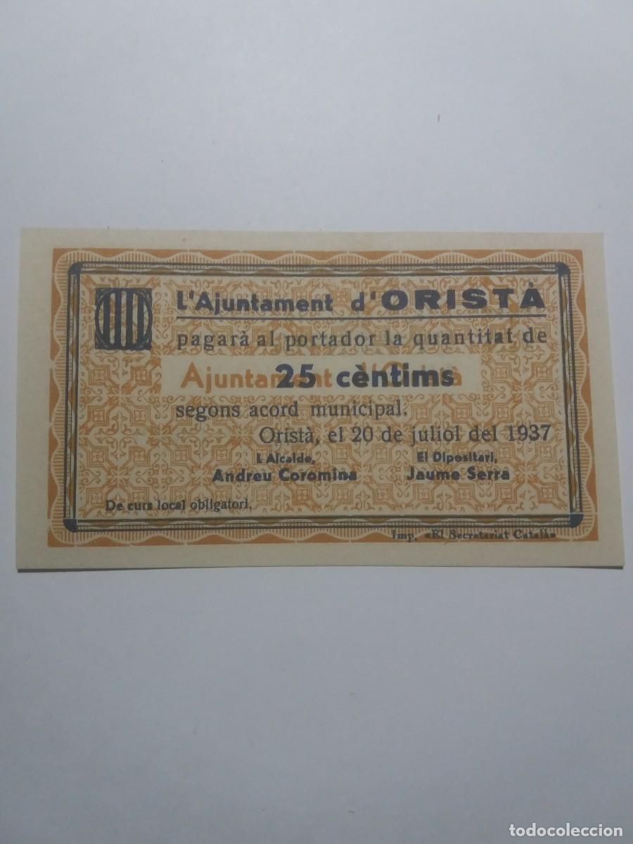 Billetes locales: Billete 25 C&egrave;ntims Ajuntament ORIST&Aacute; 20 Juliol 1937