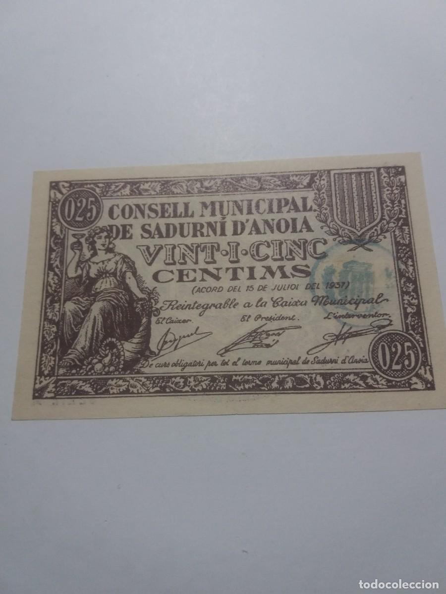 Billetes locales: Billete 25 C&egrave;ntims Consell Municipal SADURN&Iacute; D'ANOIA 15 Juliol1937