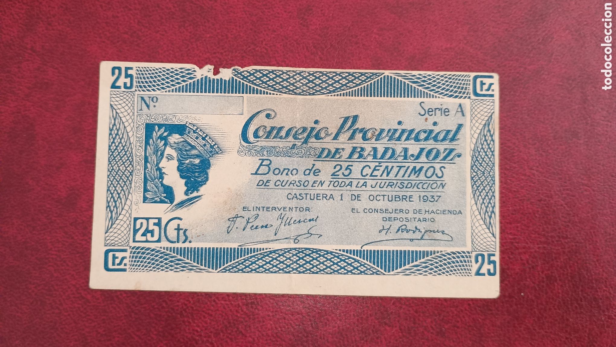 Billetes locales: ESPA&Ntilde;A 1937 - CONSEJO PROVINCIAL DE BADAJOZ - 25 C&Eacute;NTIMOS - NULO SOLAMENTE PARA COLECCIONISTAS
