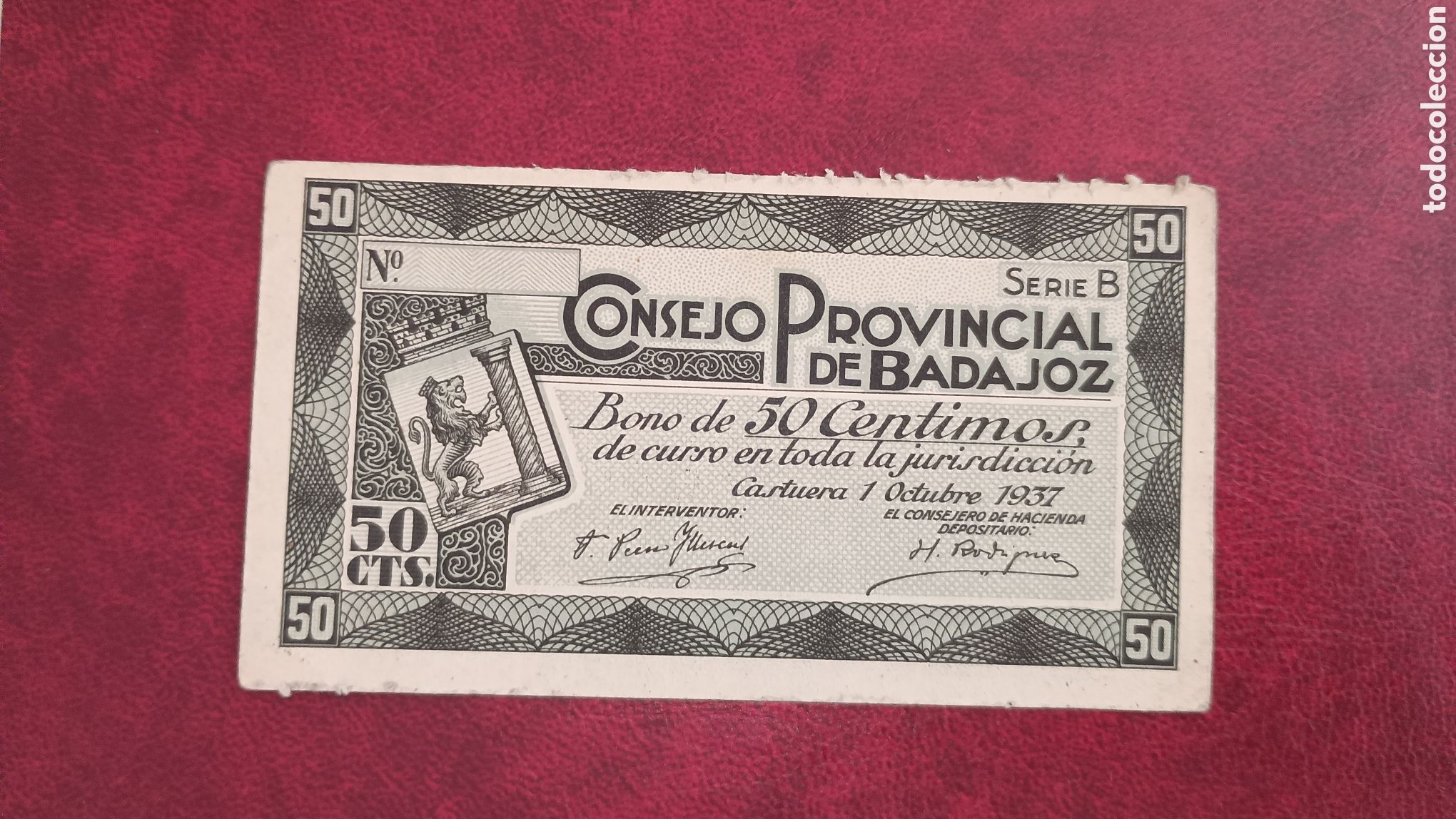 Billetes locales: ESPA&Ntilde;A 1937 - CONSEJO PROVINCIAL DE BADAJOZ - 50 C&Eacute;NTIMOS - ORIGINAL