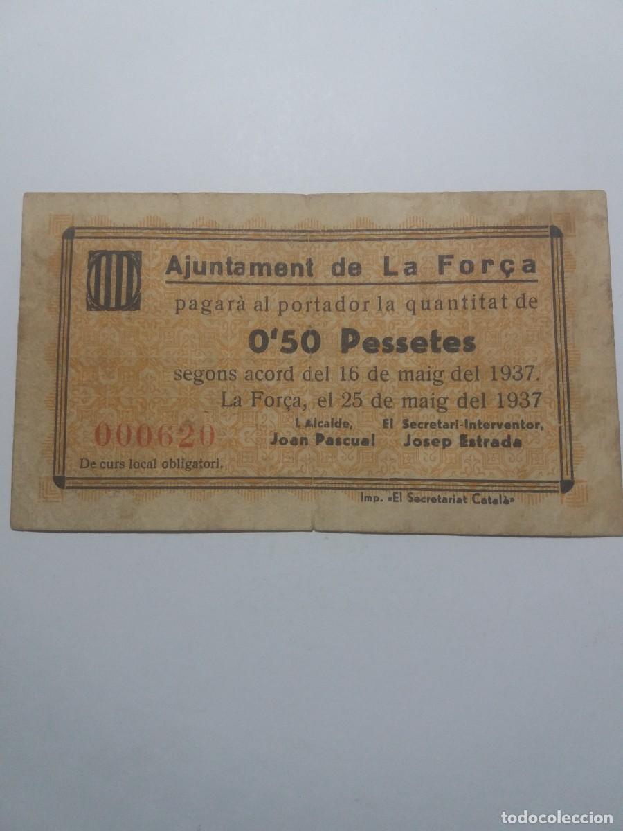 Billetes locales: Billete 0,50 Pessetes Ajuntament LA FOR&Ccedil;A 16 Maig 1937