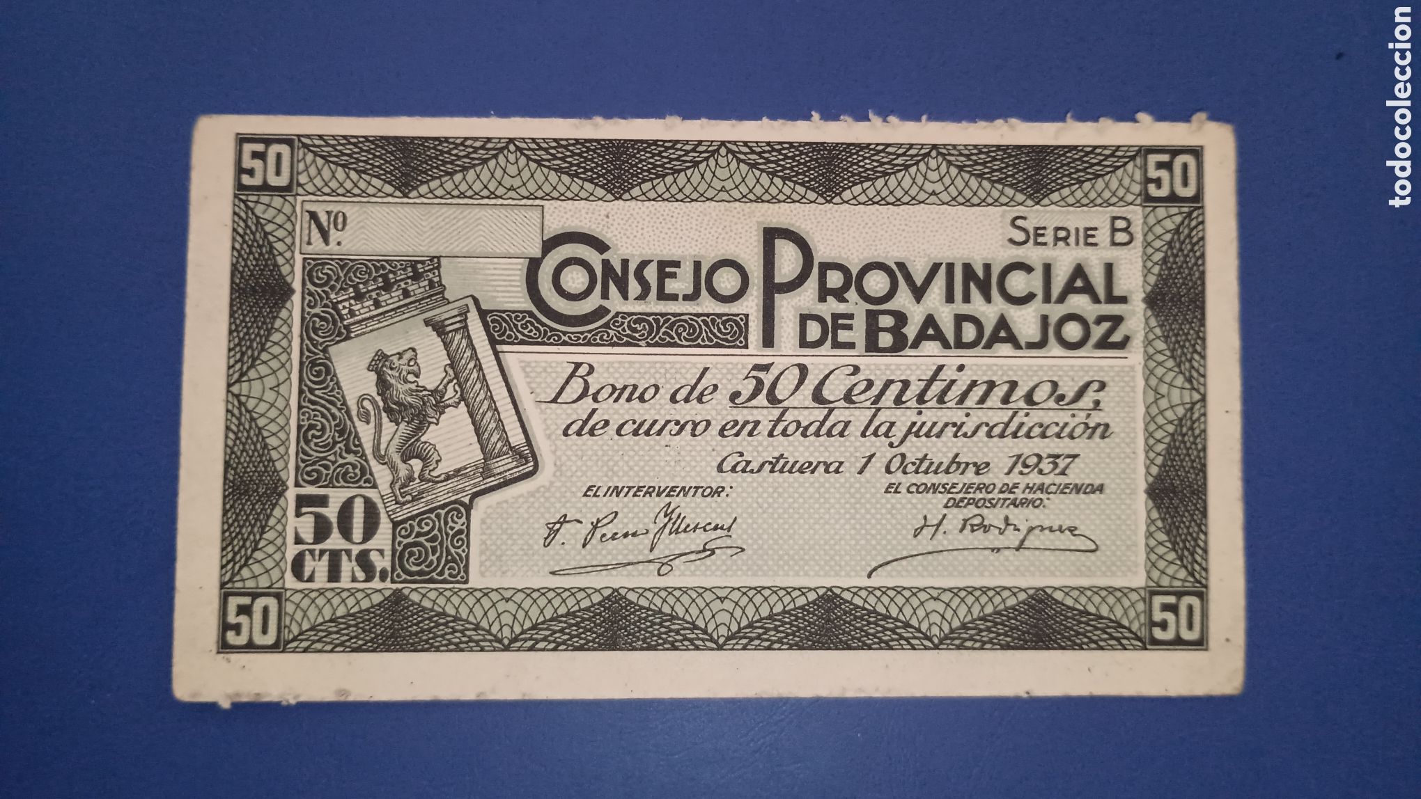 Local Banknotes: ESPA&Ntilde;A 1937 - CONSEJO PROVINCIAL DE BADAJOZ - 50 C&Eacute;NTIMOS - NULO SOLAMENTE PARA COLECCIONISTAS