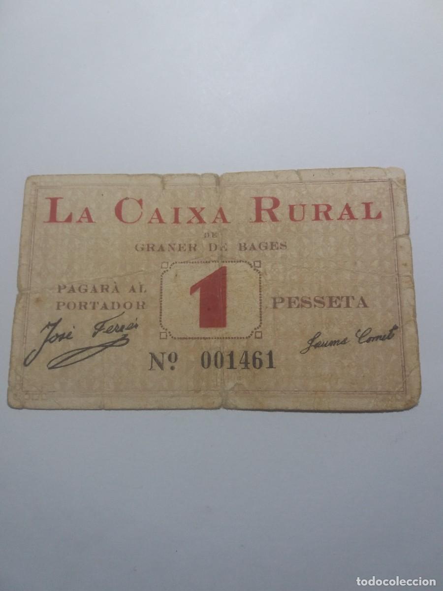 Billetes locales: Billete 1 Pesseta La Caixa Rural GRANER de BAGES 1937
