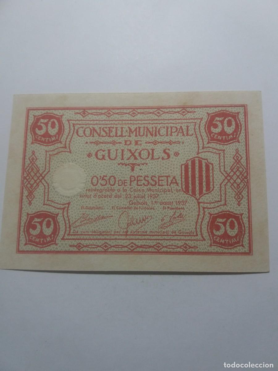 Billetes locales: Billete 50 C&egrave;ntims Consell Municipal GUIXOLS 23 Juliol 1937