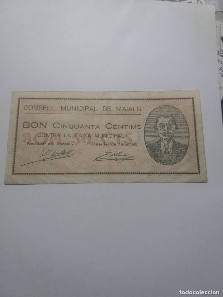 Billetes locales: Billete 50 C&egrave;ntims Consell Municipal MAIALS 1er. Juliol 1937