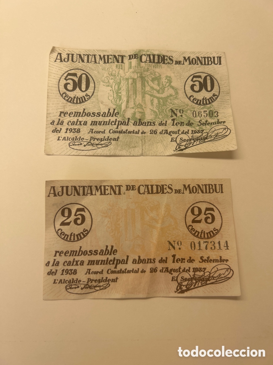 Billetes locales: Lote de dos billetes de 50 y 25 c&eacute;ntimos Ajuntament de Caldes de Monibui