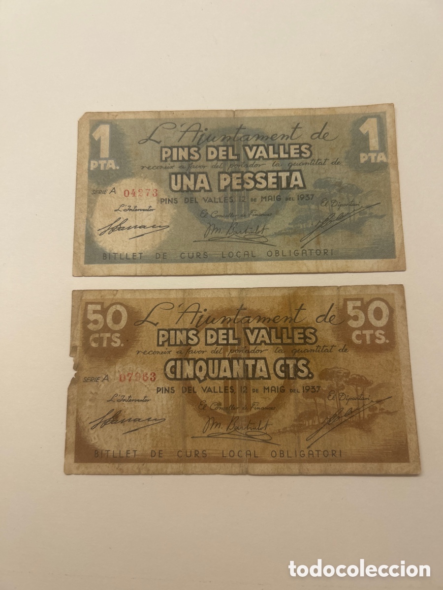 Billetes locales: Lote de dos billetes de una peseta y 50 c&eacute;ntimos Ajuntament de Pins del Valles.