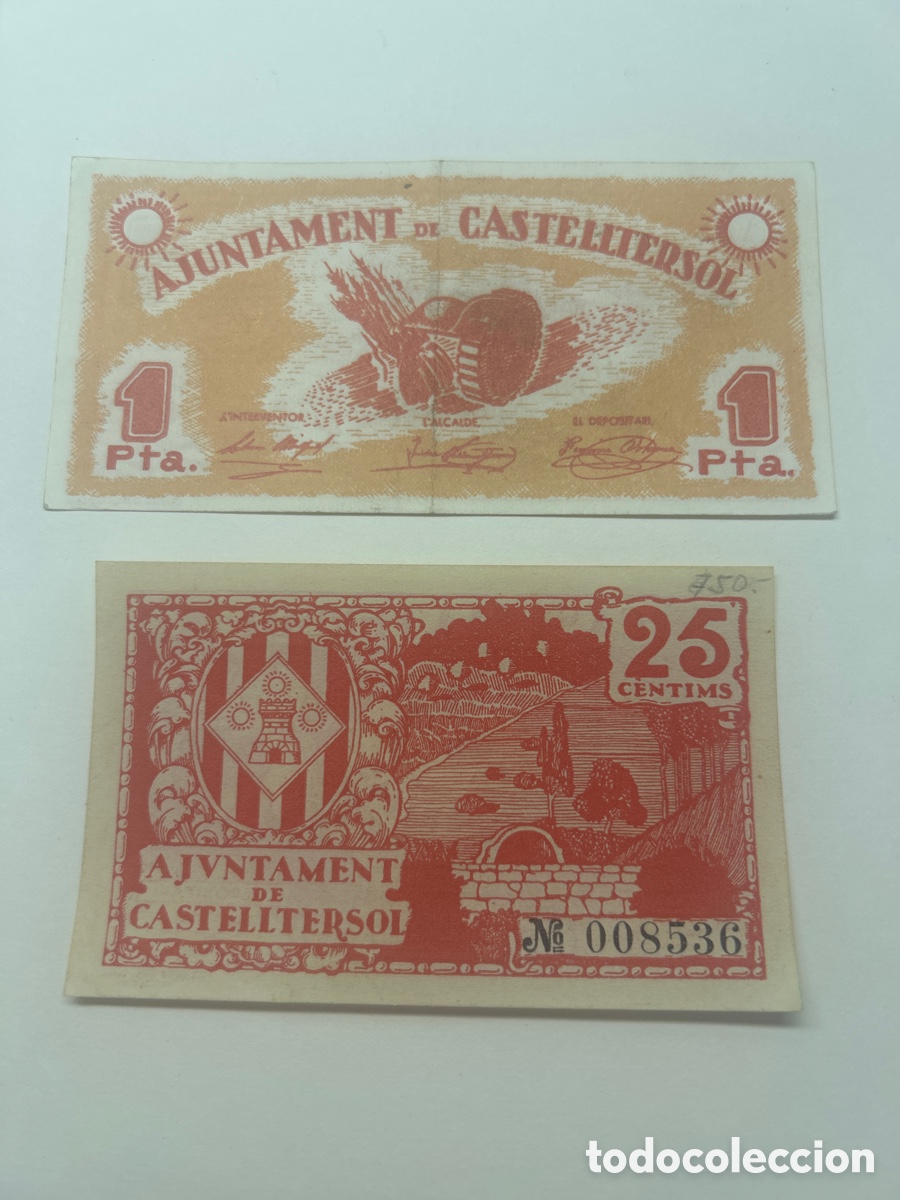 Billetes locales: Lote de dos billetes de una peseta y 25 c&eacute;ntimos Ajuntament de Castelltersol.