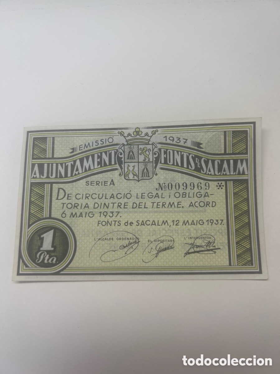Billetes locales: Billete de una peseta Ajuntament Fonts de Sacalm