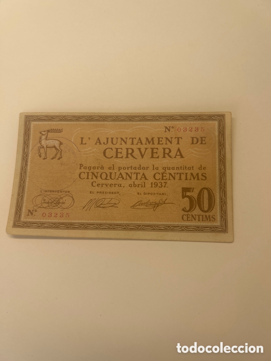 Billetes locales: Billete de 50 c&eacute;ntimos Ajuntament de Cervera