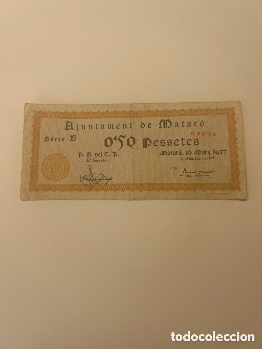 Billetes locales: Billete de0,50 pessetes Ajuntament de Matar&oacute;.