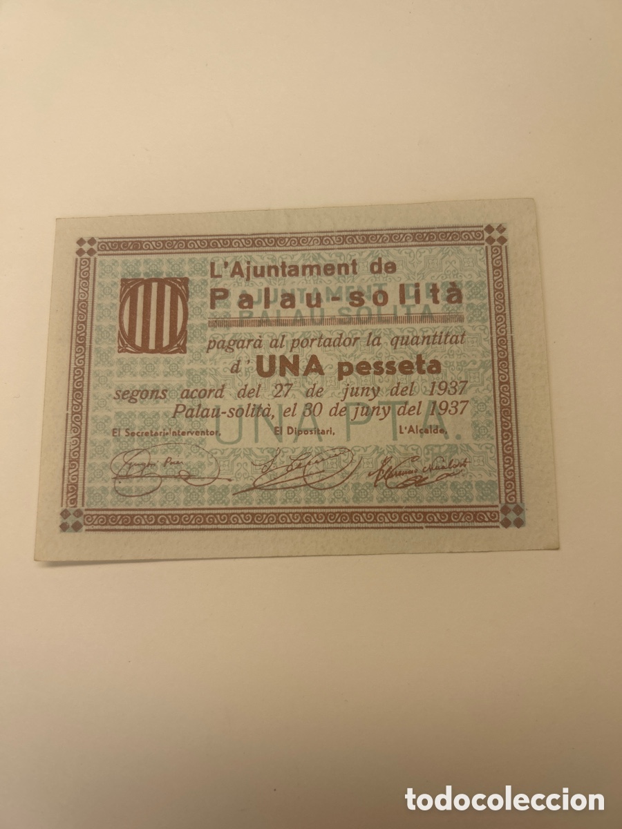 Billetes locales: Billete de una peseta Ajuntament Palau- s&oacute;lita
