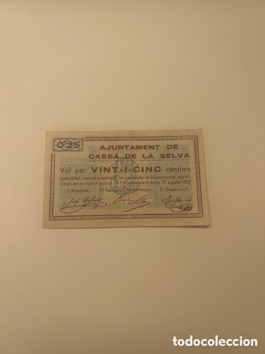 Billetes locales: Billete de25 c&eacute;ntimos Ajuntament de Cass&agrave; de la Selva.