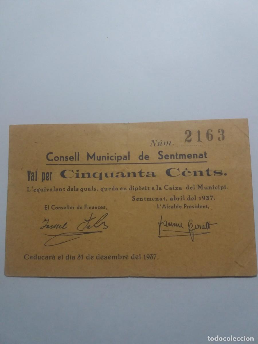 Billetes locales: Billete 50 C&egrave;ntims Consell Municipal SENTMENAT Abril 1937